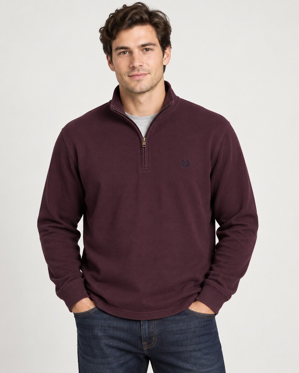 Chaps XL Burgundy Cotton Quarter Zip Sweater Waffle Knit